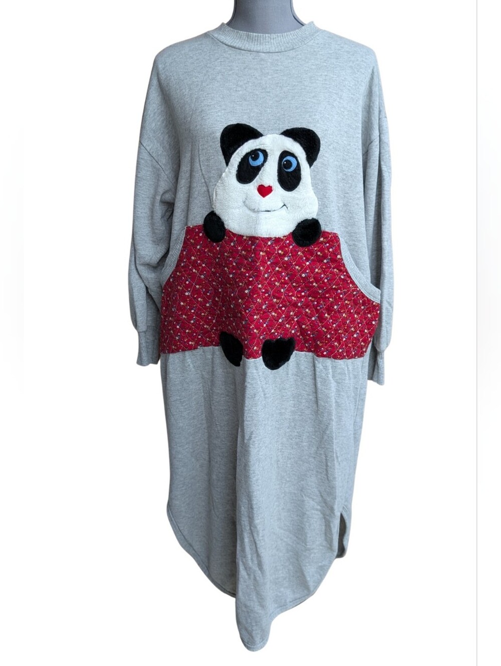 Vintage 80s Adonna Panda Plush Applique Fleece Lounge Sweatshirt Dress Large USA